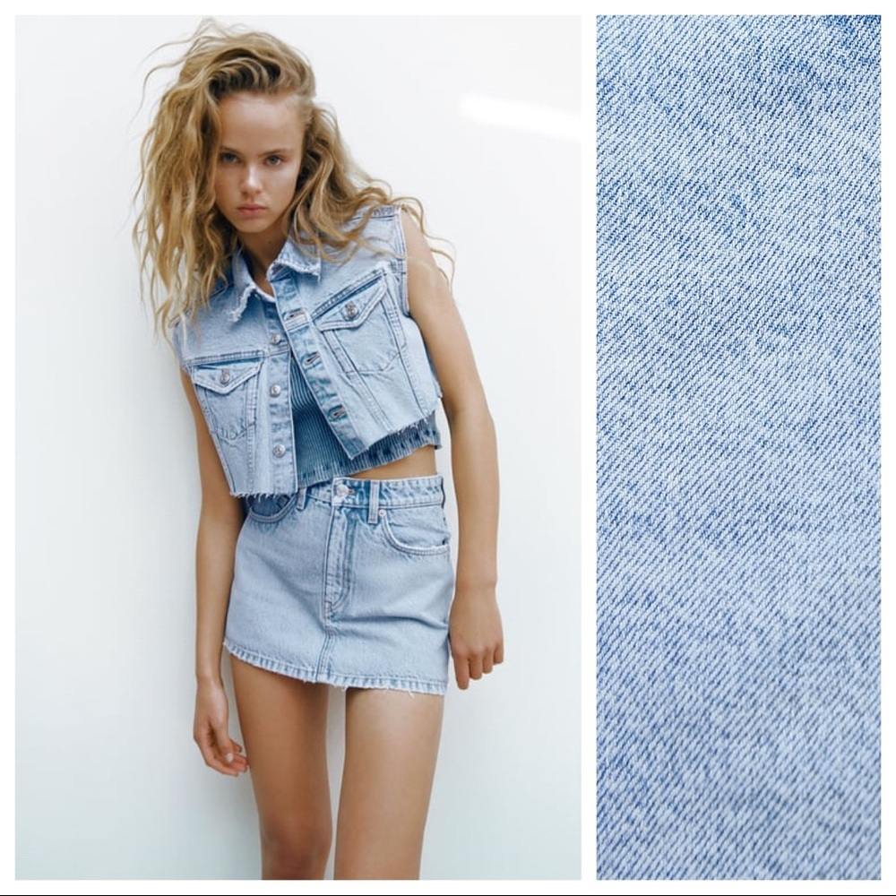 NWT. Zara Blue Faded high-waist Denim Skort. Size L.